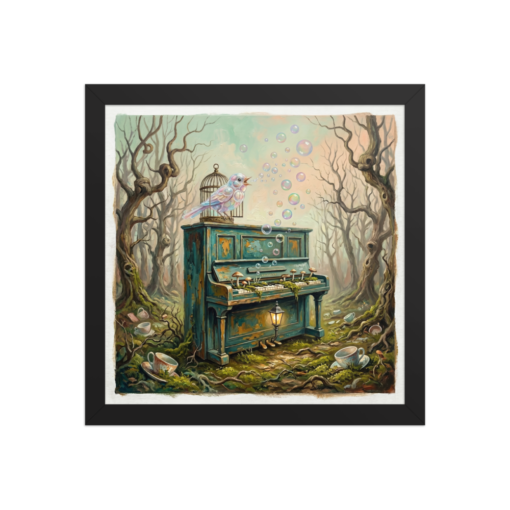 Surreal illustration of an abandoned piano in a forest with mushrooms growing on keys and a bubble-singing bird.