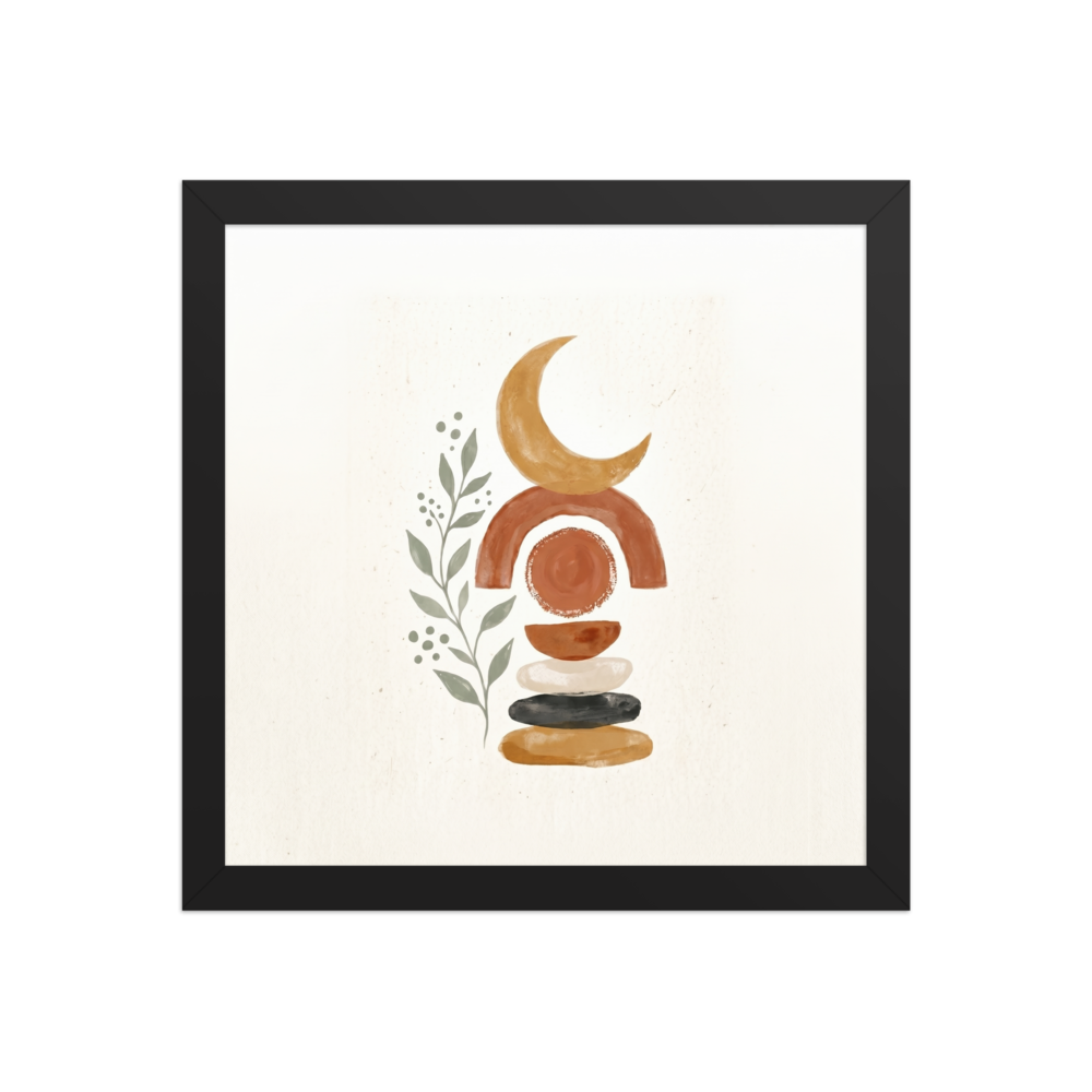 Abstract watercolor illustration featuring a stack of stones, a terracotta arch, a golden crescent moon, and a sage green botanical sprig.