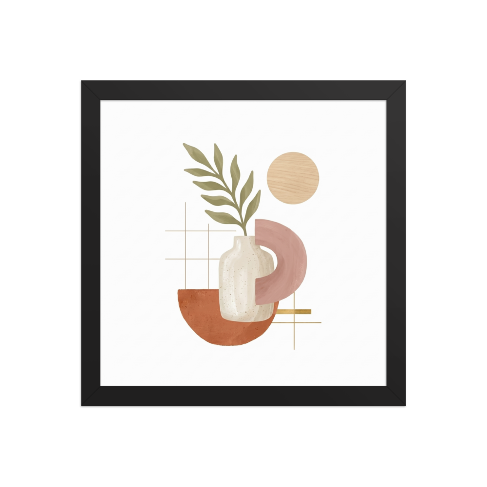 Minimalist abstract art showing a speckled white vase with a green leaf branch, a terracotta semi-circle, a blush pink arch, a light wood circle, and thin beige grid lines.