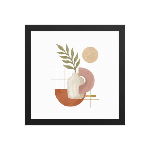 Minimalist abstract art showing a speckled white vase with a green leaf branch, a terracotta semi-circle, a blush pink arch, a light wood circle, and thin beige grid lines.