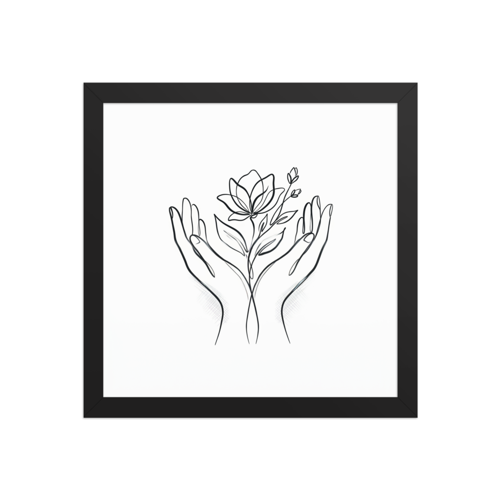 A continuous line drawing of two hands gently holding a blooming flower, rendered in dark ink against a white background.