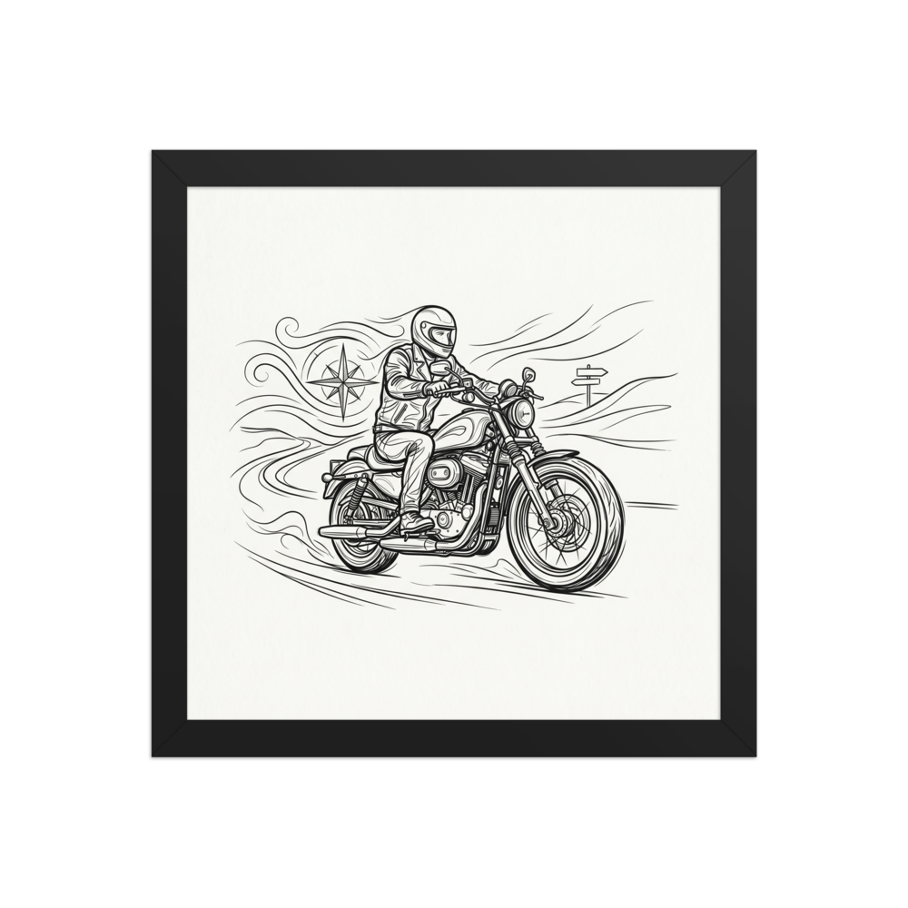 A detailed black and white line drawing of a motorcyclist riding a classic cruiser bike through a stylized landscape with a compass rose.