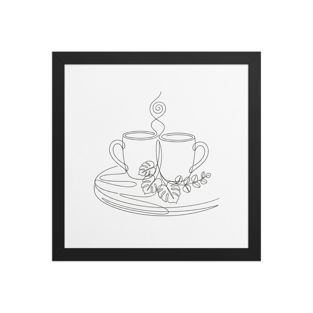 A continuous line drawing of two coffee mugs resting on a tray, surrounded by monstera and eucalyptus leaves with swirling steam rising above.