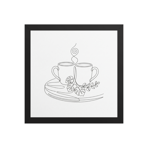A continuous line drawing of two coffee mugs resting on a tray, surrounded by monstera and eucalyptus leaves with swirling steam rising above.