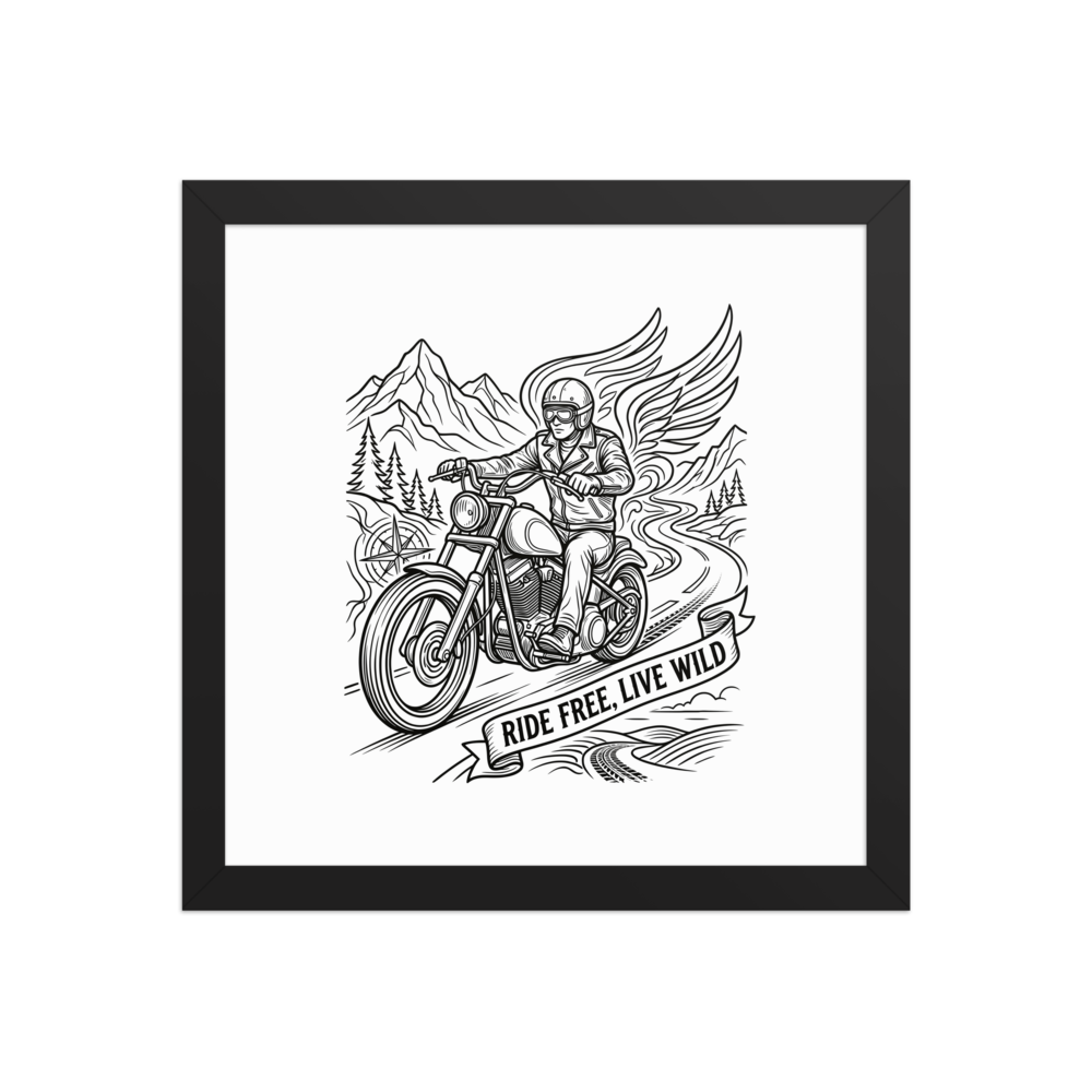 A detailed black and white illustration of a motorcyclist riding a chopper through mountains with wings behind him and a banner reading 'RIDE FREE, LIVE WILD'.