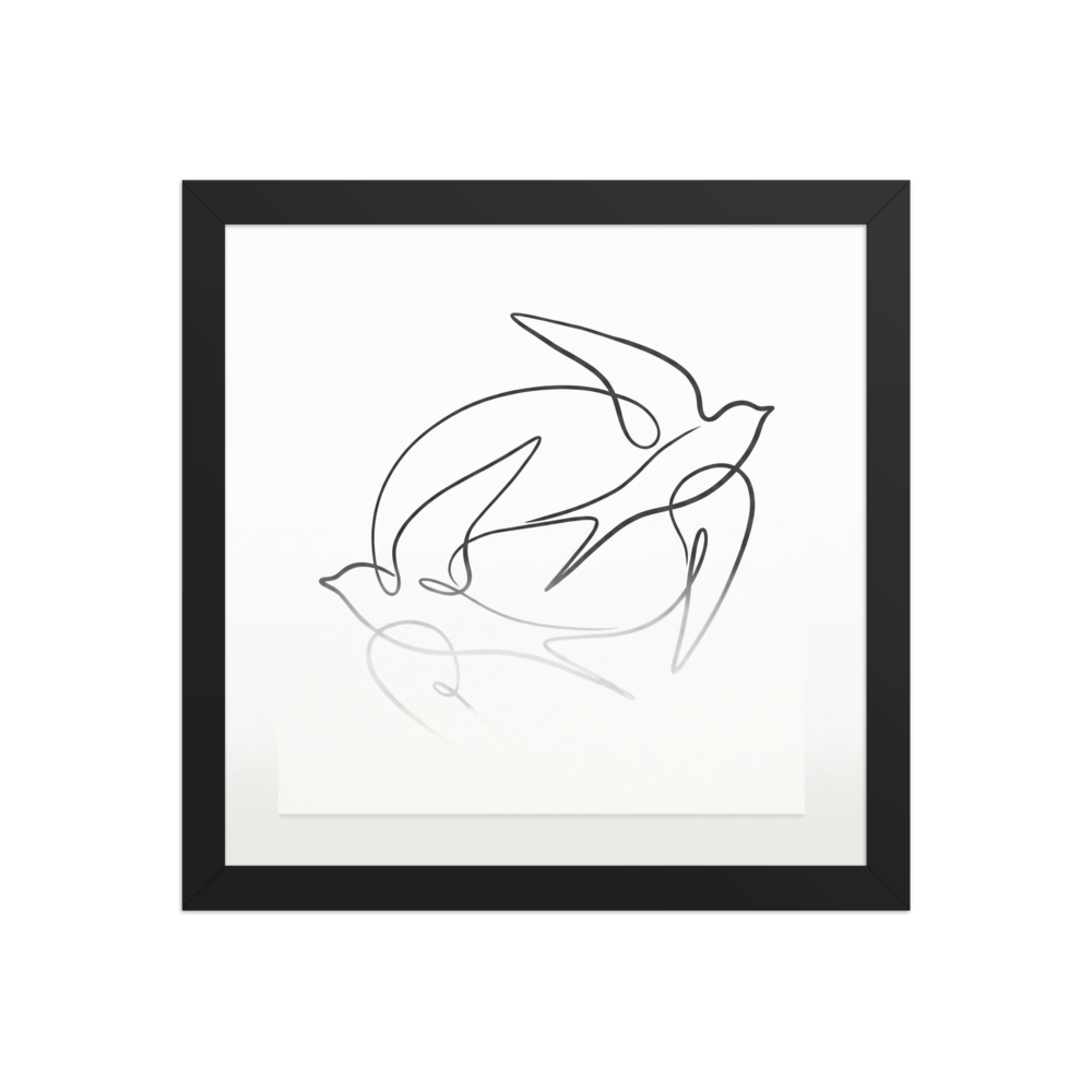 A minimalist continuous line drawing of a flying bird, like a swallow, with a soft grey gradient reflection below.