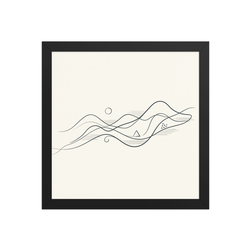 An abstract minimalist line drawing featuring sweeping wave-like curves, a circle representing the sun, a small triangle, and delicate dot and line textures.
