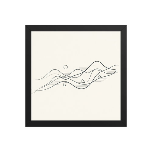 An abstract minimalist line drawing featuring sweeping wave-like curves, a circle representing the sun, a small triangle, and delicate dot and line textures.