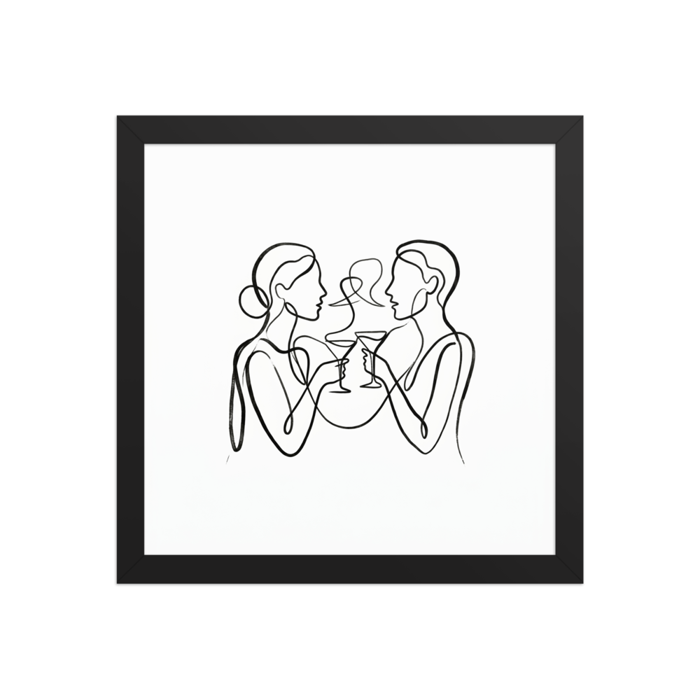 A continuous line drawing of two stylish women clinking martini glasses together in a toast.