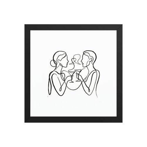 A continuous line drawing of two stylish women clinking martini glasses together in a toast.