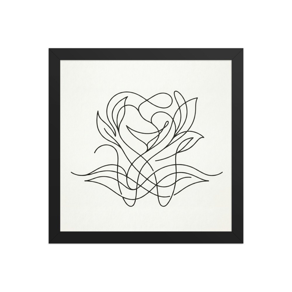 An abstract line drawing of a tooth intertwined with elegant, flowing botanical leaves and vines.