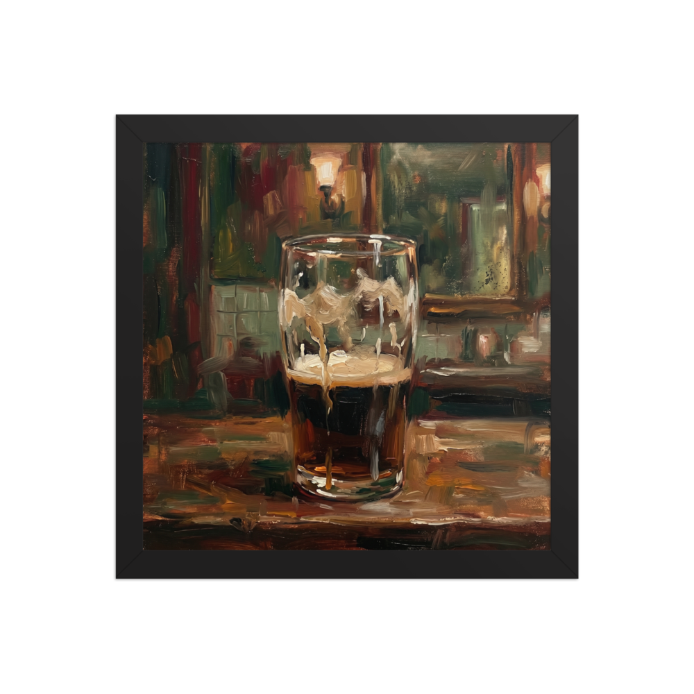 Oil painting of a half-empty pint glass of dark stout beer in a pub.