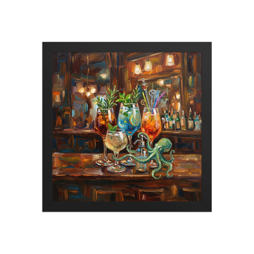 Whimsical oil painting of a warm pub bar with colorful cocktails and a small green octopus.