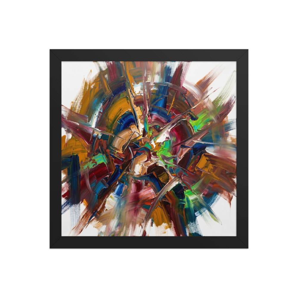 Abstract impasto oil painting featuring a colorful burst of thick brushstrokes radiating outward.