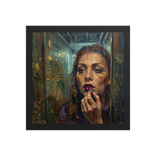 Impasto portrait of a woman applying lipstick, viewed through a rain-streaked glass pane with graffiti.