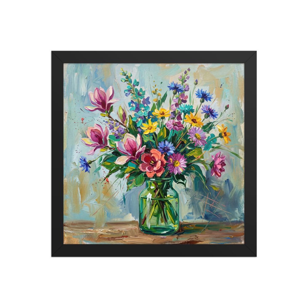 Vibrant impasto oil painting of a colorful wildflower bouquet in a green glass jar.