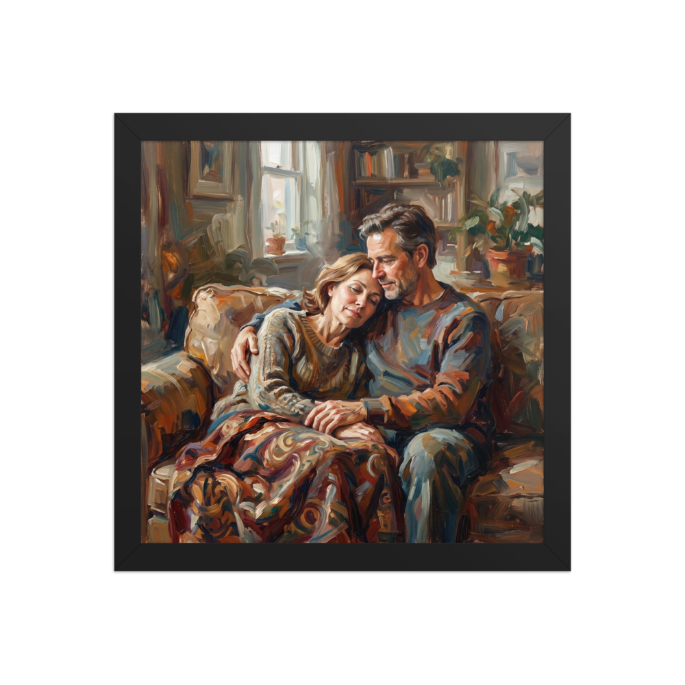 An expressive Alla Prima painting of an older couple embracing on a couch in a sunlit, cozy living room.