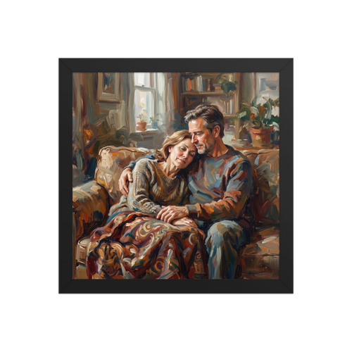 An expressive Alla Prima painting of an older couple embracing on a couch in a sunlit, cozy living room.