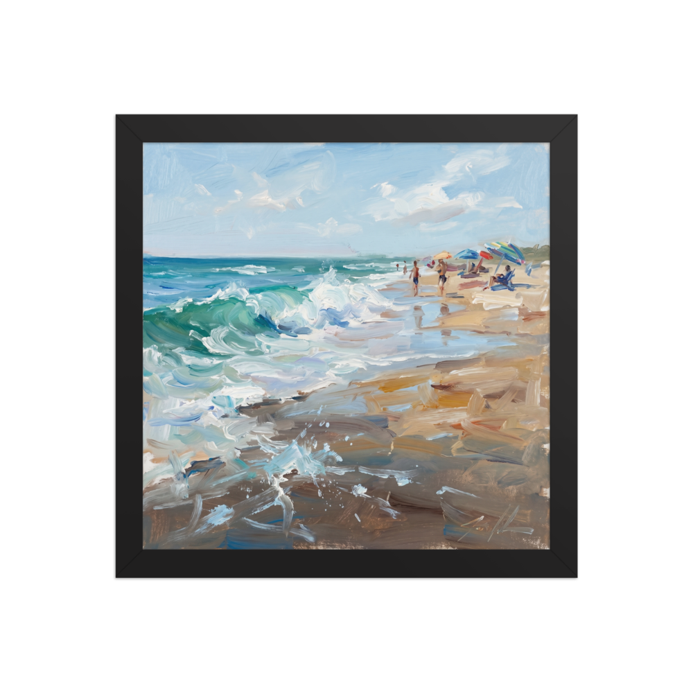 A vibrant Alla Prima painting of crashing waves on a sunny beach, with distant figures relaxing under colorful umbrellas.