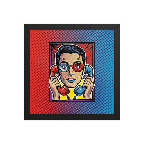 'Bipartisan Static' — a Pop art print. A pop art illustration of a confused woman wearing red and blue 3D glasses, holding a red telephone receiver to one ear and a blue one to the other, set against a red and blue halftone gradient, ideal for a Living Room.