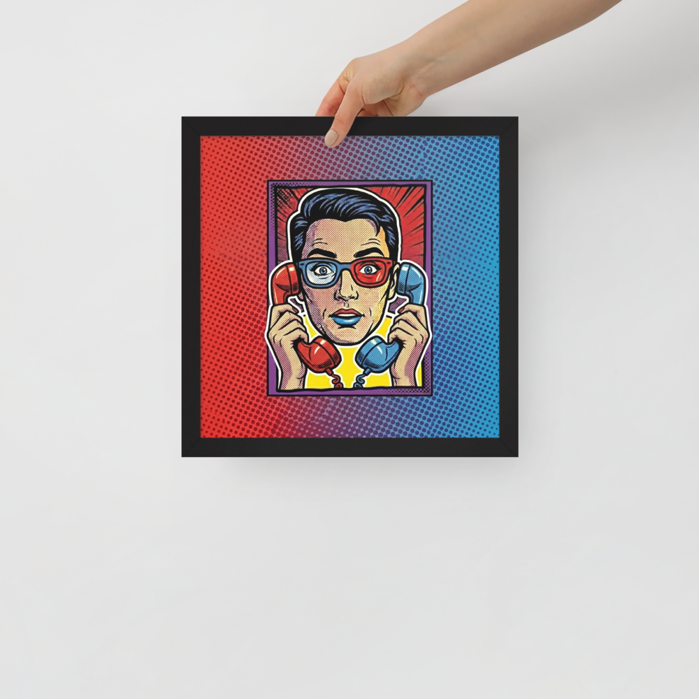 'Bipartisan Static' — a Pop art print. A pop art illustration of a confused woman wearing red and blue 3D glasses, holding a red telephone receiver to one ear and a blue one to the other, set against a red and blue halftone gradient, ideal for a Living Room.
