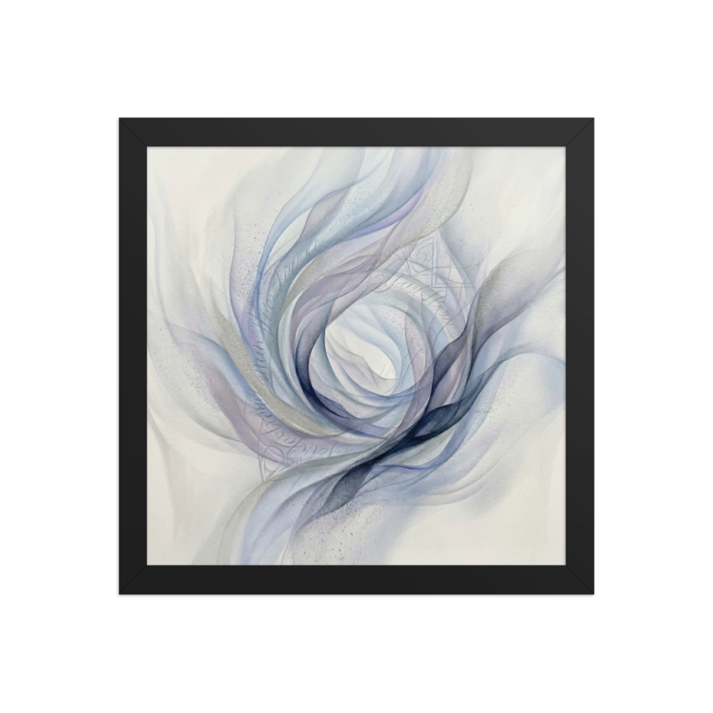 'Ethereal Whispers in the Vortex' — a Abstract art print. An abstract painting featuring swirling smoky ribbons of lavender, grey, and deep blue circling a bright white center, with faint cursive writing and patterns in the background.