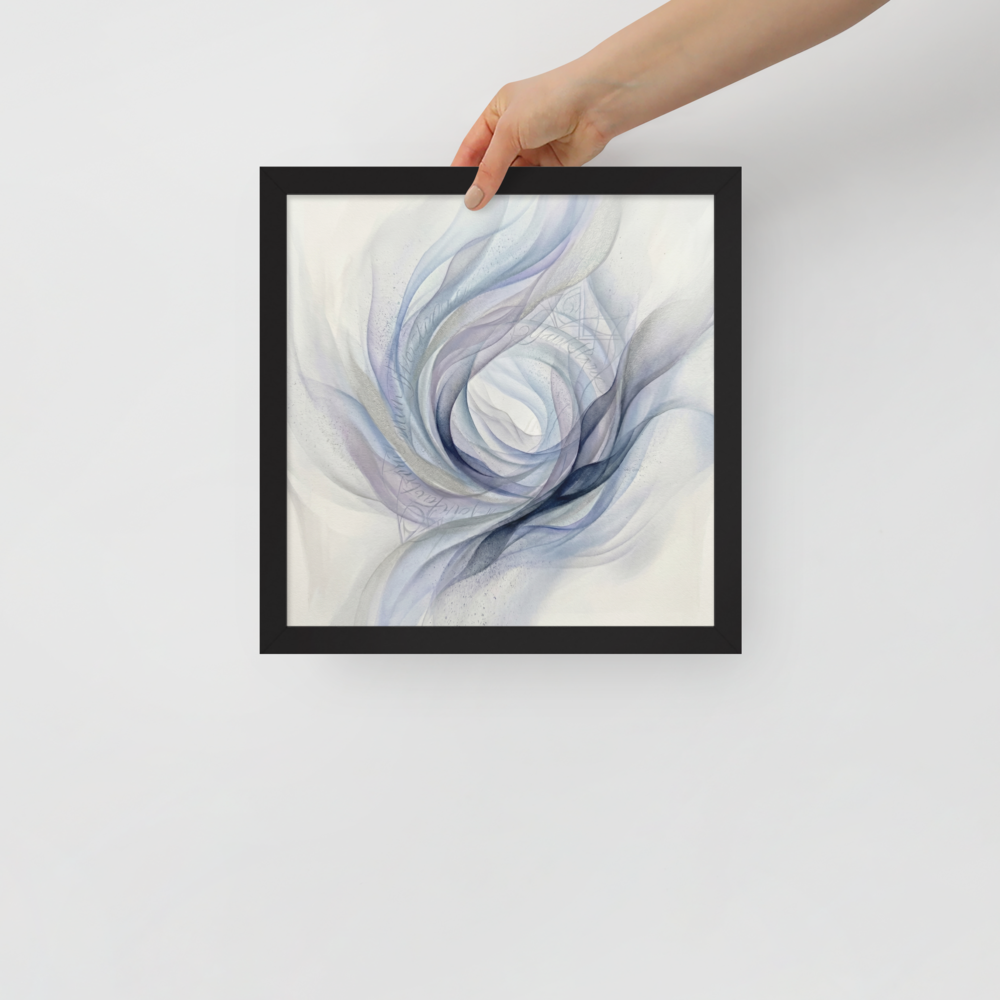 'Ethereal Whispers in the Vortex' — a Abstract art print. An abstract painting featuring swirling smoky ribbons of lavender, grey, and deep blue circling a bright white center, with faint cursive writing and patterns in the background.