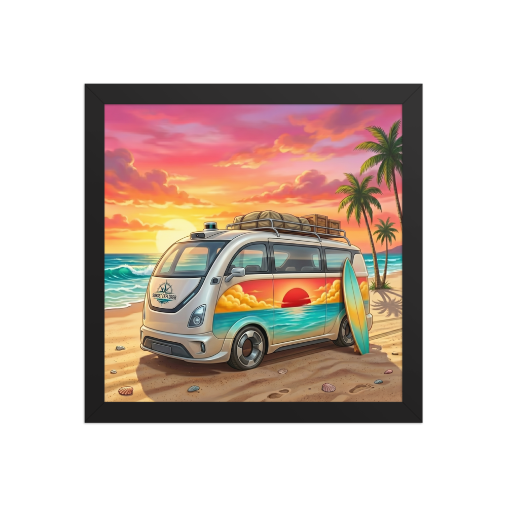 'Endless Summer Van' — a Pop art print. A vintage camper van with a sunset mural on its side parked on a beach with a surfboard at sunset, perfect for a Game Room.