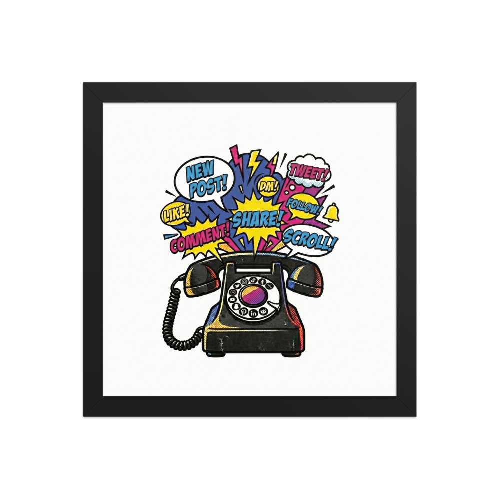 'The Notification Explosion' — a Pop art print. A retro rotary phone bursting with colorful social media notification bubbles, bringing high energy to a Game Room or Office.