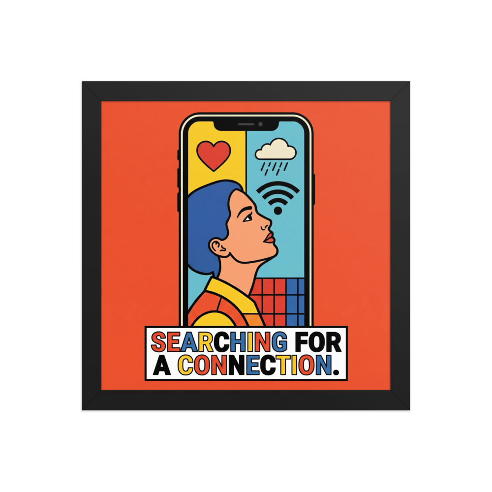 'Signal Lost' — a Pop art print. A graphic illustration of a woman inside a smartphone screen searching for a connection, perfect for a modern Living Room.