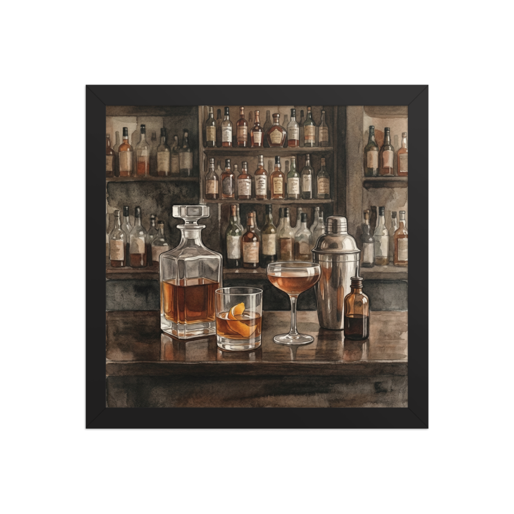 'The Evening Pour' — a Realism print. Detailed watercolor painting of a classic bar setup with a crystal decanter, a cocktail glass, and various bottles, perfect for a cozy home bar.