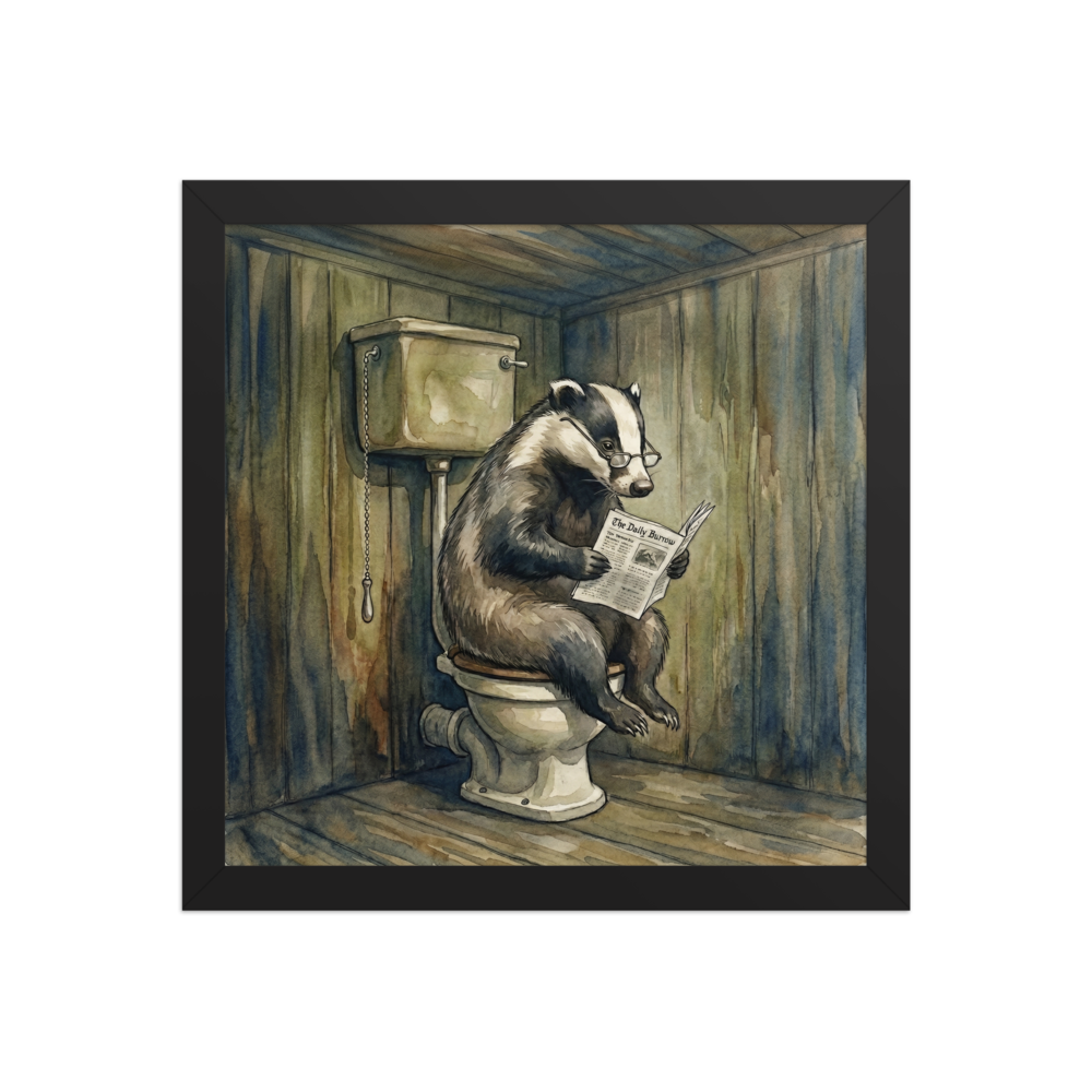 'The Daily Burrow' — a Realism print. Humorous watercolor illustration of a badger wearing glasses reading a newspaper on a toilet in a rustic wooden bathroom.
