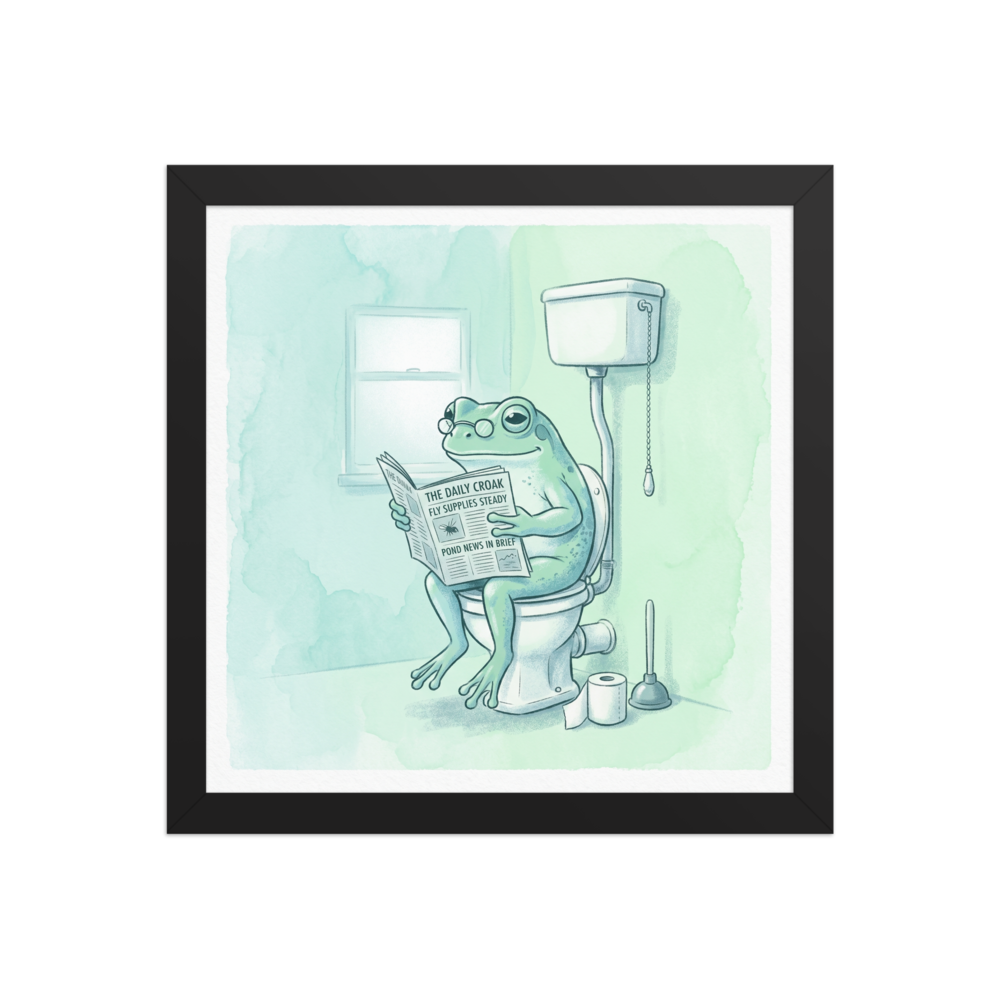 'The Daily Croak' — a Realism print. Amusing watercolor illustration of a green frog wearing glasses reading a newspaper on a toilet in a bright mint green bathroom.