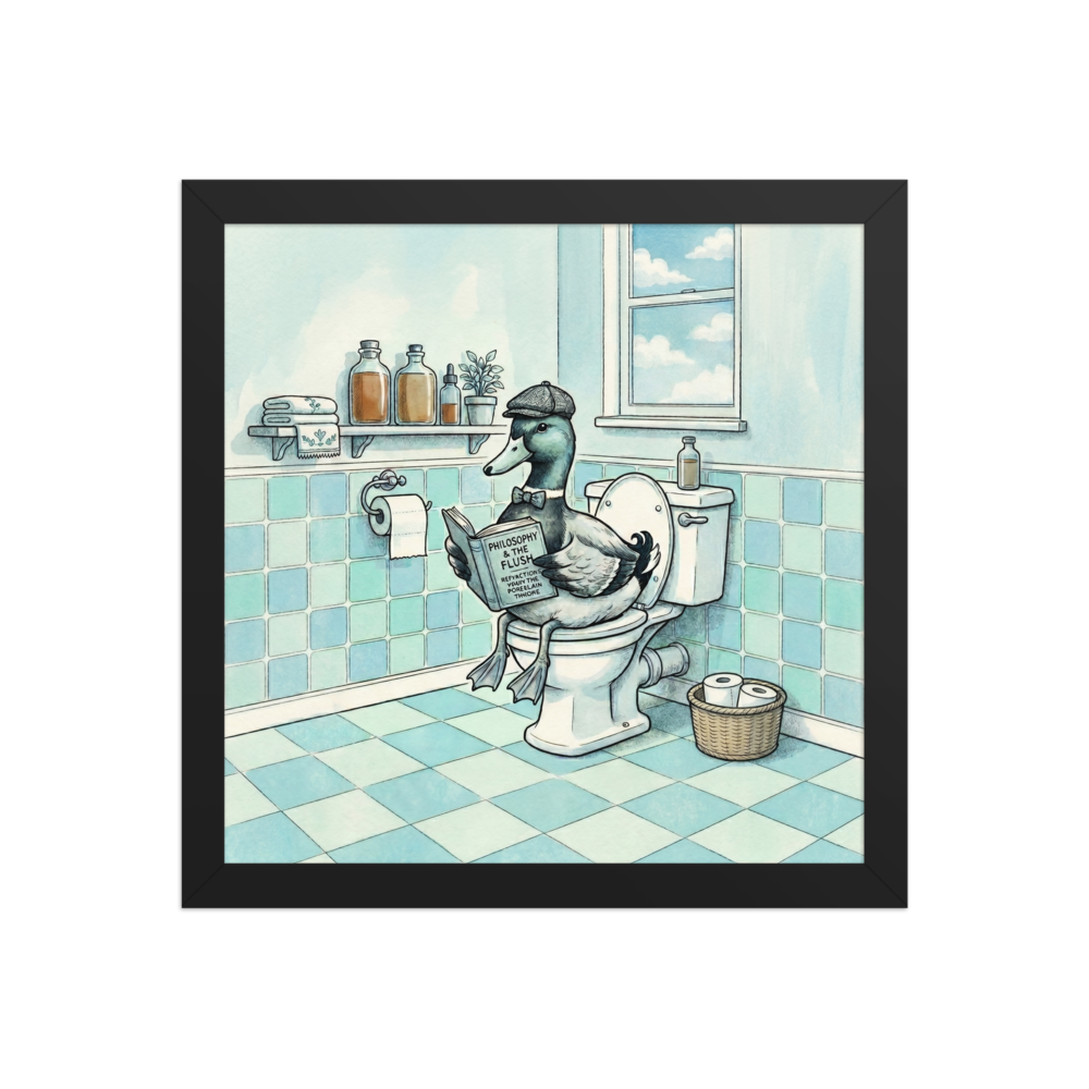'The Philosophical Duck' — a Lowbrow,Pop art print. A whimsical illustration of a duck in a cap and bowtie reading a book on the toilet in a light blue bathroom.
