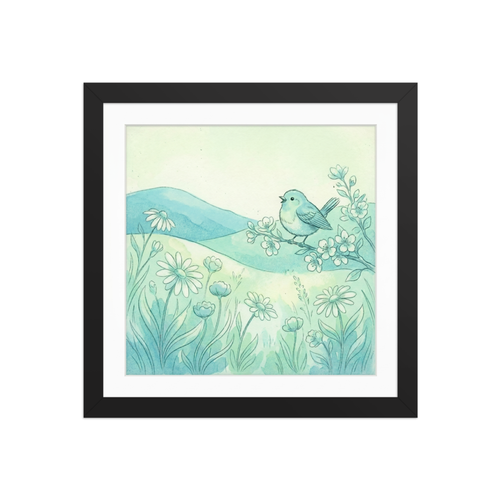'Springtime Serenade' — a Naive art,Folk art print. A light watercolor illustration of a bluebird singing on a blooming branch over a field of daisies, perfect for a nursery or sunroom.