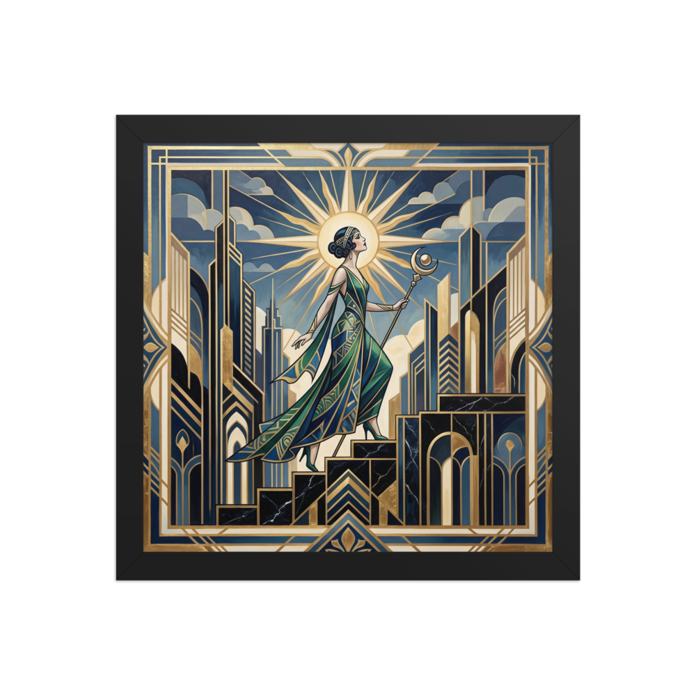 'Ascent of the Moon Goddess' — a Art Deco print. A majestic woman holding a moon staff ascends a geometric staircase in a golden city under a radiant sunburst, an empowering piece for a bedroom or studio.