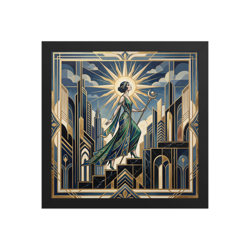 'Ascent of the Moon Goddess' — a Art Deco print. A majestic woman holding a moon staff ascends a geometric staircase in a golden city under a radiant sunburst, an empowering piece for a bedroom or studio.
