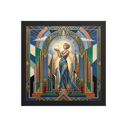 'Bearer of Light' — a Art Deco print. A serene woman holding a glowing orb stands before a majestic archway and city skyline in this bold, symmetrical piece, perfect for a meditation room.