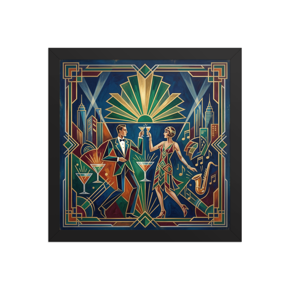 'The Jazz Age Toast' — a Art Deco print. A stylish couple in 1920s attire raises a toast against a geometric city skyline, creating a glamorous focal point for a home bar.