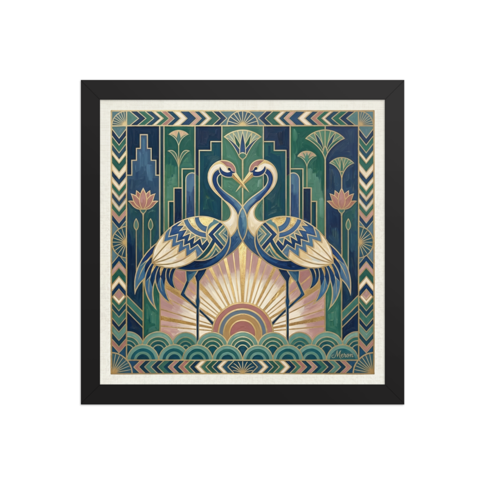'The Deco Cranes' — a Art Deco print. Two elegant cranes facing each other in a symmetrical Art Deco style with water waves and lotus flowers, ideal for a Bedroom.