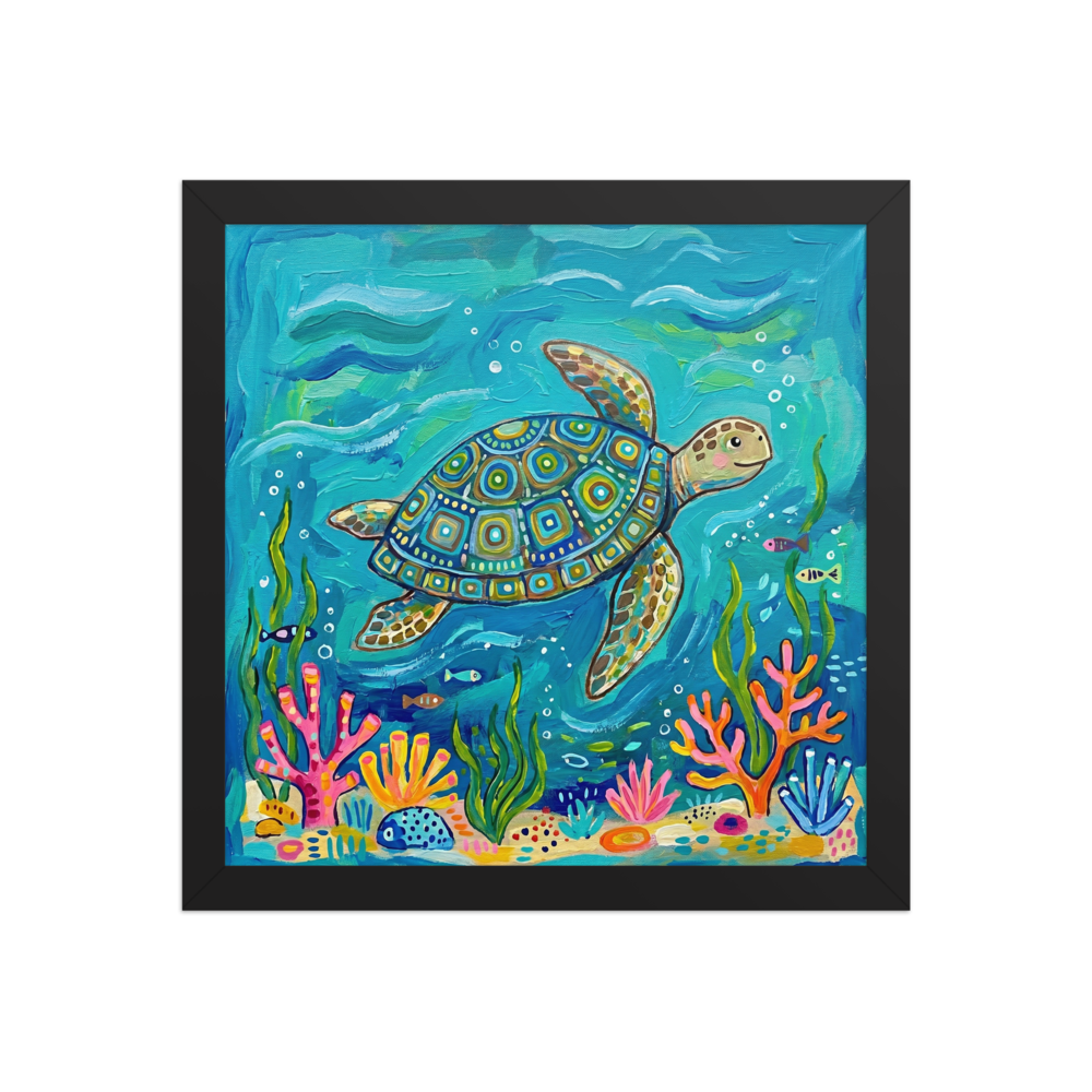 'The Painted Sea Turtle' — a Naive art print. A colorful, intricately patterned sea turtle swimming in deep blue water over bright pink and orange corals, perfect for a coastal bathroom.
