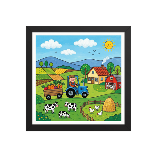 'A Day on the Farm' — a Naive art print. A smiling farmer on a blue tractor with giant vegetables in a green farm with cows, chickens, and a red barn, ideal for a bright kitchen.