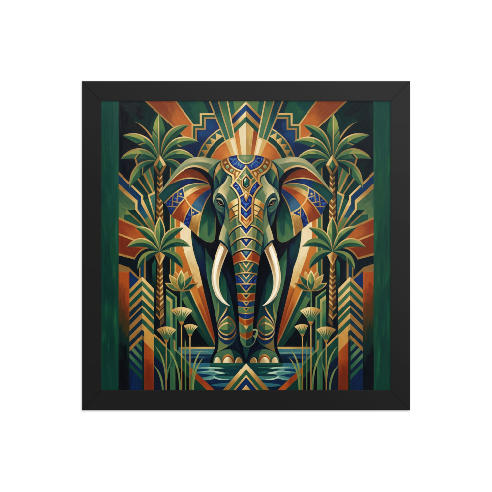 'The Deco Elephant' — a Art Deco print. A regal elephant adorned with geometric patterns in a lush Art Deco oasis with palm trees and a sunburst, fitting for a Sunroom / Conservatory.