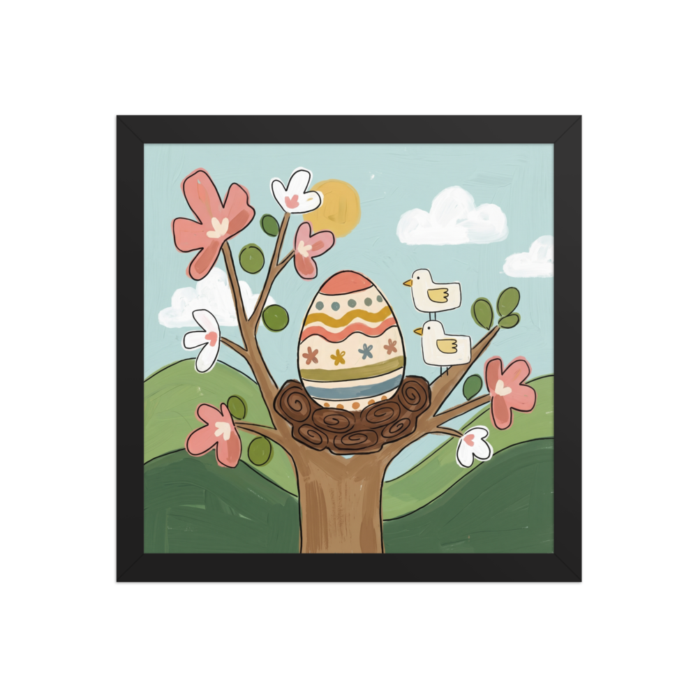 'Springtime Nest' — a Naive art print. A cheerful Naive Art painting of a decorated Easter egg resting in a nest with blooming pink flowers and small yellow birds, ideal for a bright Sunroom / Conservatory.