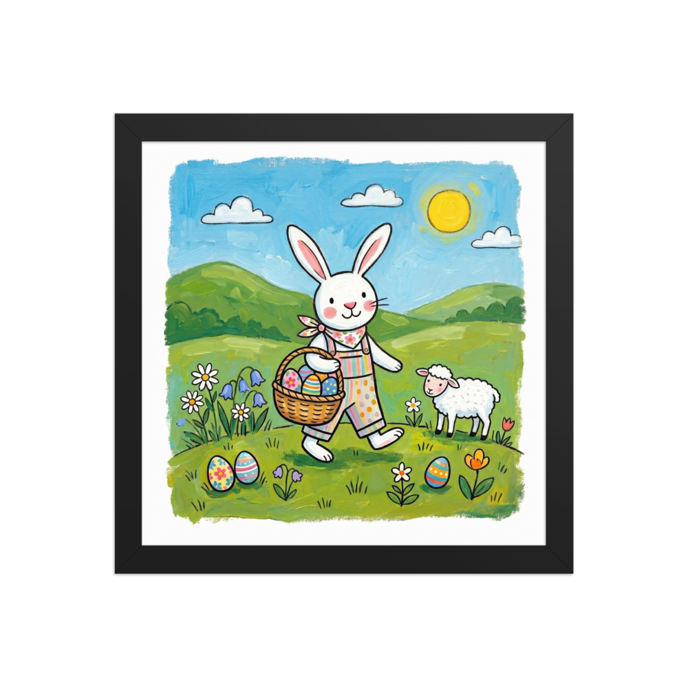 'Easter Bunny Stroll' — a Naive art print. A vibrant Naive Art painting of an Easter bunny carrying a basket of colorful eggs walking with a sheep in a sunny green landscape, lovely for a Nursery.