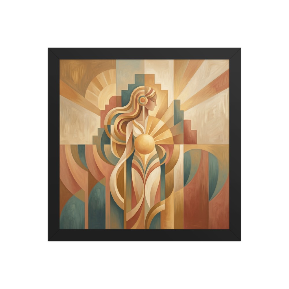 'The Sun Guardian' — a Art Deco print. A serene, abstract Art Deco woman holding a glowing sun, composed of warm geometric shapes, perfect for a Bedroom.