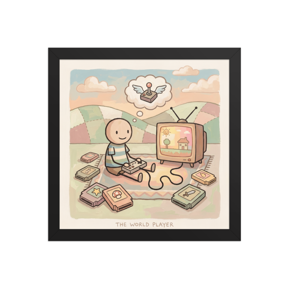 'The World Player' — a Naive art print. A charming Naive Art illustration of a boy sitting on a blanket playing a retro video game console with a vintage TV and game cartridges, ideal for a Game Room.