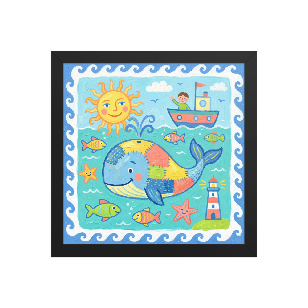 'Patchwork Whale' — a Naive art print. A colorful Naive Art painting of a patchwork whale swimming in the ocean near a lighthouse with a smiling sun and a child in a boat, great for a Playroom.