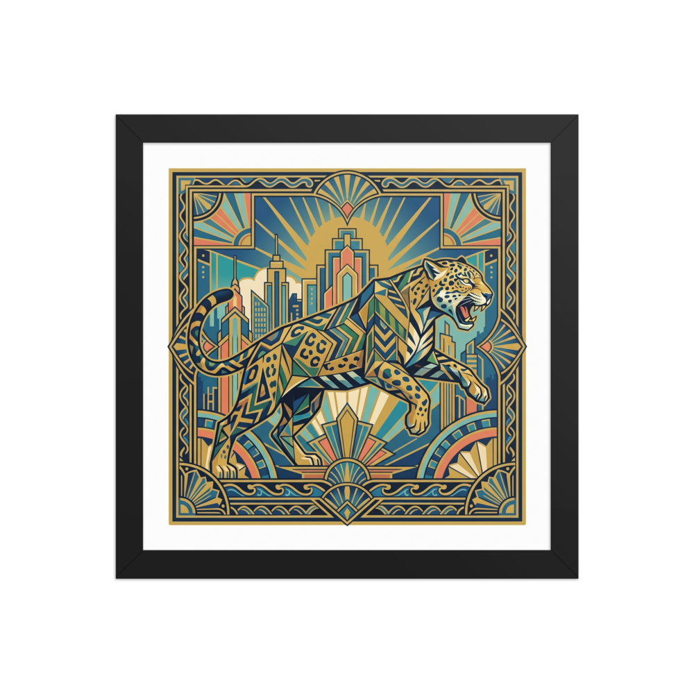 'The Deco Jaguar' — a Art Deco,Geometric abstract art print. An Art Deco illustration of a geometric jaguar leaping in front of a city skyline, perfect for a modern office.
