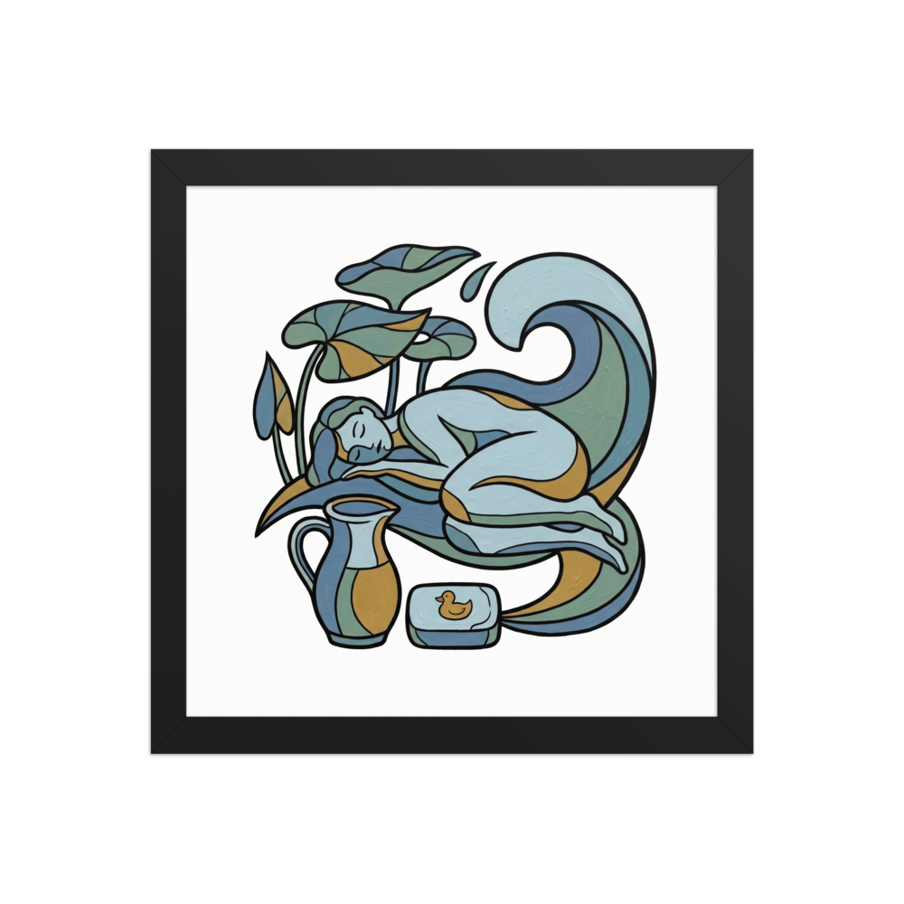 'Water Lily Rest' — a Cloisonnism,Art Nouveau print. A Cloisonnism illustration of a serene figure sleeping among water lilies and waves, with a water pitcher and soap duck below, perfect for a bathroom.